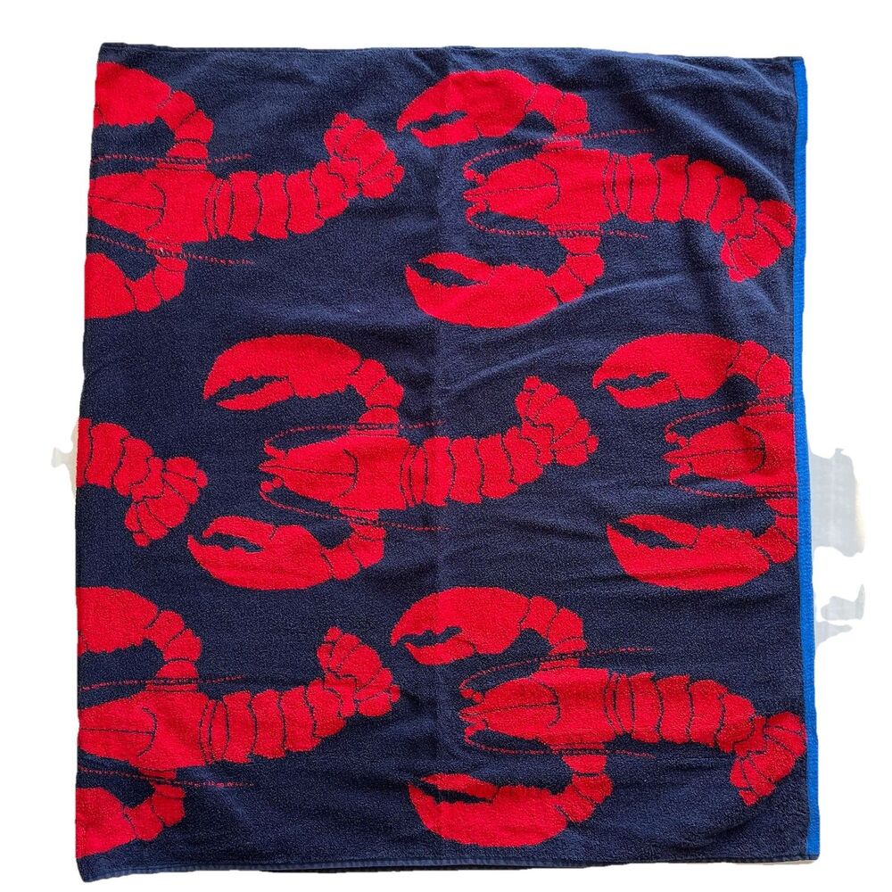 LL Bean Seaside Beach Towel Bath Pool Towel 35x68 Lobster Blue/Red Ocean Large - Picture 2 of 11